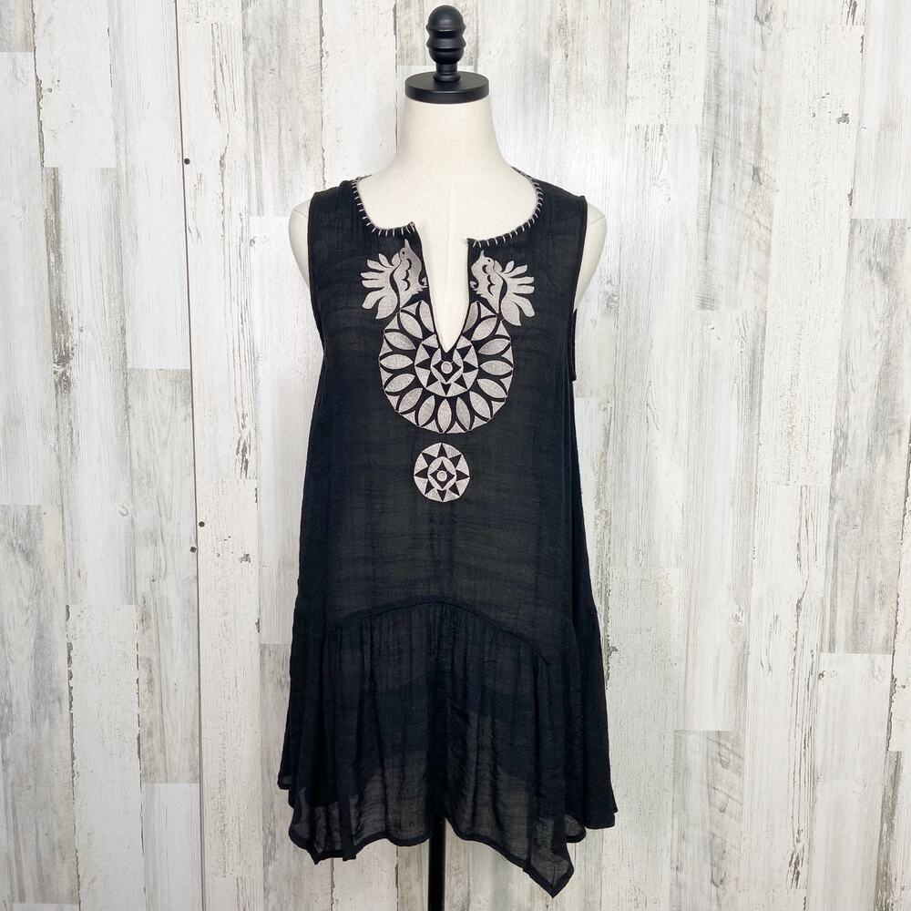 THML Embroidered Tunic Tank Top Black Gray Gauzy Flowy Boho Casual Size M